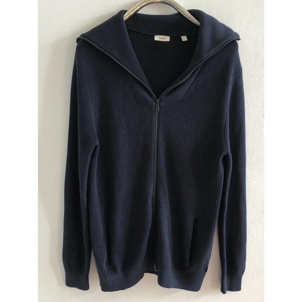 Esprit Cardigan Mens L Sweater Ribbed Knit Blue Zip Organic Cotton Preppy READ